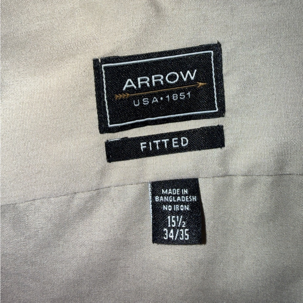 Arrow Fitted Dress Shirt 15.5 34/35 Tan Beige Long Sleeve Button Down - Picture 5 of 5